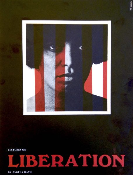 Cover of Angela Davis, Lectures on Liberation. Image features a young Davis with red and white stripes vertically superimposed