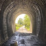 Photograph from inside a damp pedestrian tunnel, with green trees and bright light at the end