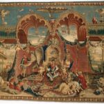 Tapestry of Emperor of China glanked by elefant and servants and a fanastical architectural structure