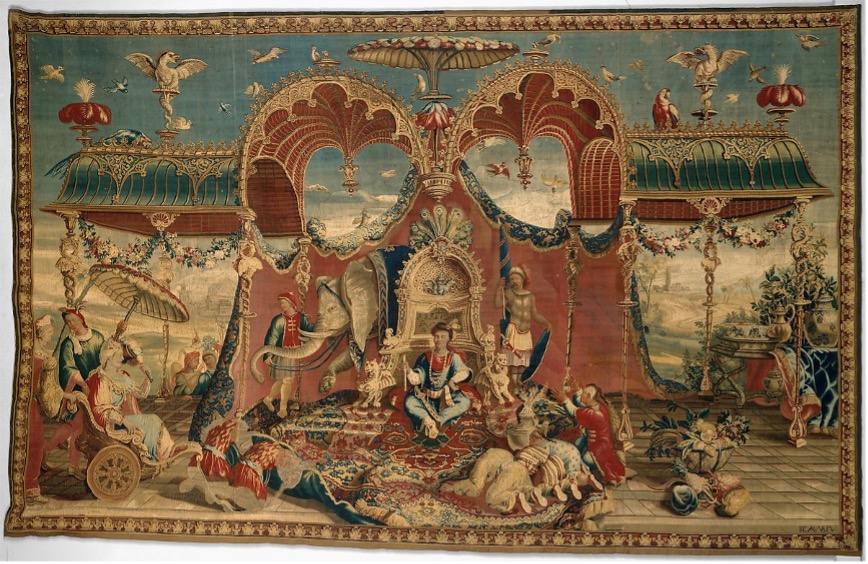 Tapestry of Emperor of China glanked by elefant and servants and a fanastical architectural structure