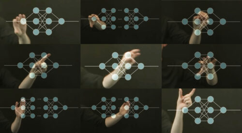 Grid of nine hands making abstract gestures overlayed by node diagrams