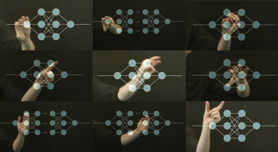 Grid of nine hands making abstract gestures overlayed by node diagrams